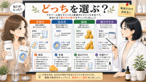 リポソームビタミンCと普通のビタミンCを手軽さ・包み方・価格・続けやすさで比較する図解