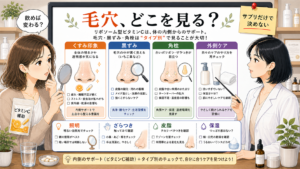 リポソームビタミンCと毛穴悩みをくすみ印象・黒ずみ・角栓・外側ケアで切り分ける図解