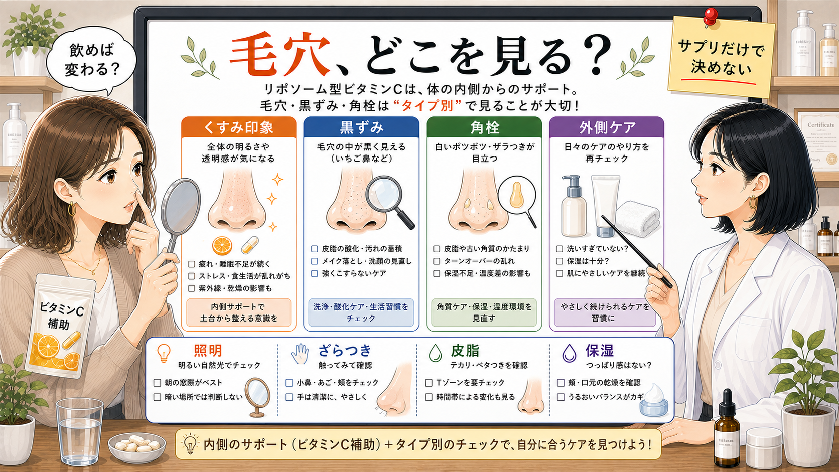 リポソームビタミンCと毛穴悩みをくすみ印象・黒ずみ・角栓・外側ケアで切り分ける図解