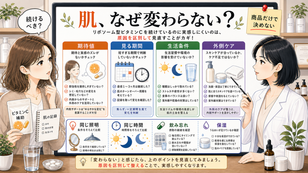 リポソームビタミンCを飲んでも肌が変わらない理由を期待値・期間・生活条件・外側ケアで切り分ける図解