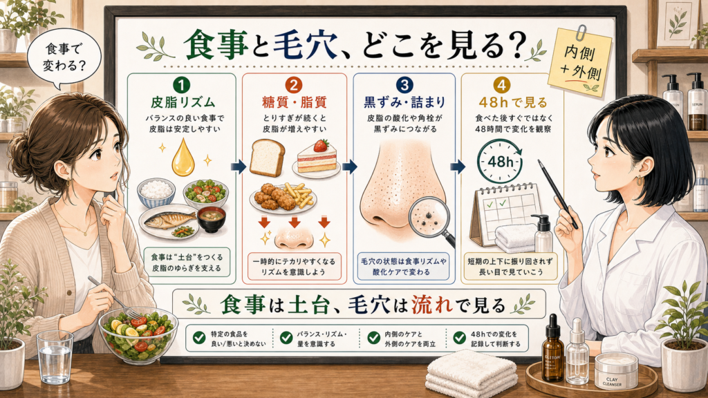 食事と毛穴の関係を皮脂リズム・糖質脂質・黒ずみ詰まり・48時間観察で説明するアイキャッチ
