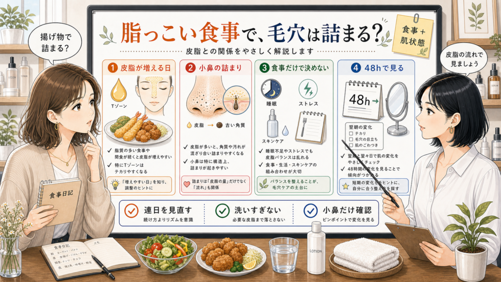 脂っこい食事と毛穴詰まりを皮脂・小鼻・食事だけで決めない視点・48時間確認で整理する相談ボード