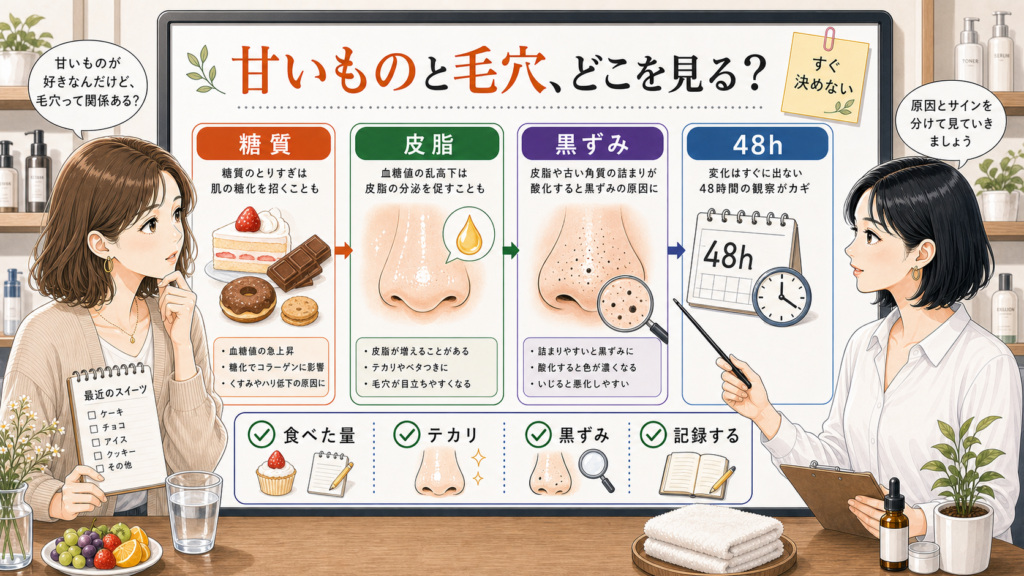 甘いものと毛穴の関係を糖質・皮脂・黒ずみ・48時間で確認する相談ボード