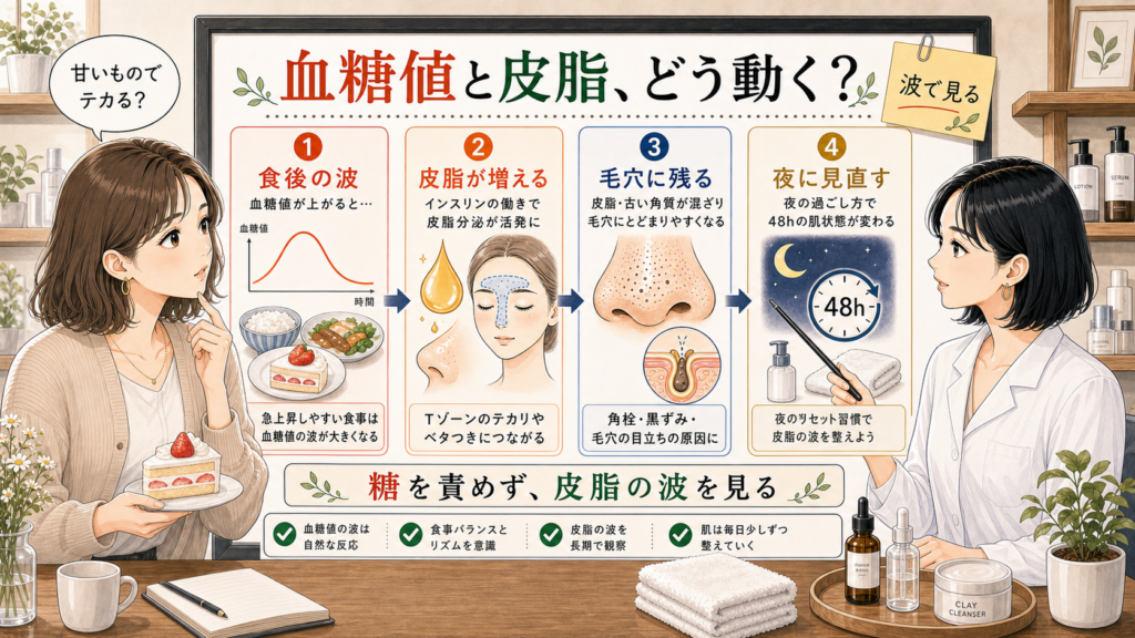 血糖値の波と皮脂分泌、毛穴に残る皮脂や黒ずみの関係を説明するアイキャッチ