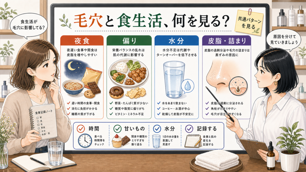 毛穴と食生活の共通パターンを夜食・偏り・水分・皮脂詰まりで確認する相談ボード