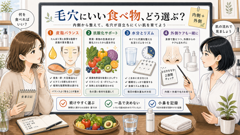 毛穴にいい食べ物を皮脂バランス・抗酸化サポート・水分とリズム・外側ケアで整理する相談ボード