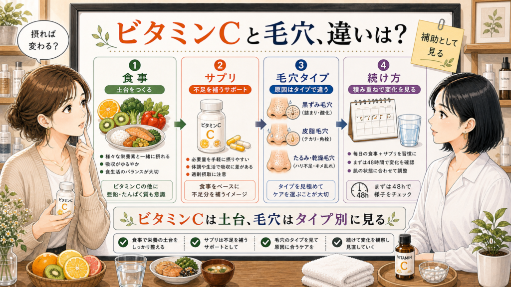 ビタミンCと毛穴の関係を食事・サプリ・毛穴タイプ・続け方で整理するアイキャッチ