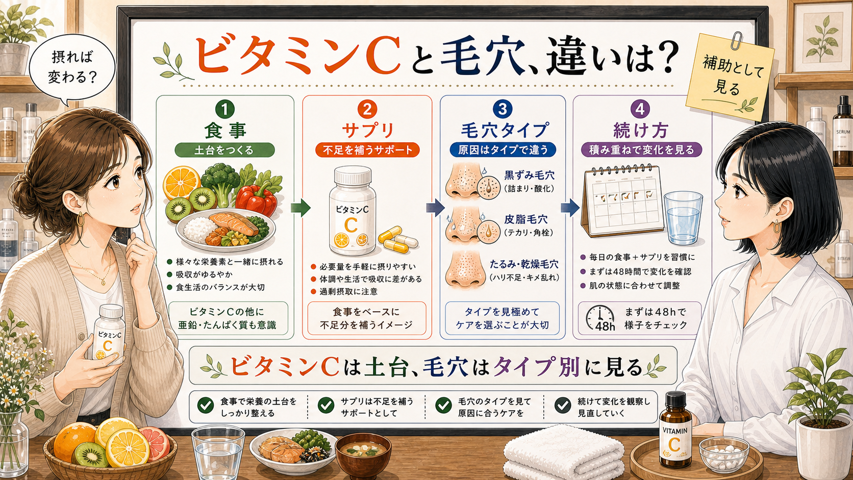 ビタミンCと毛穴の関係を食事・サプリ・毛穴タイプ・続け方で整理するアイキャッチ