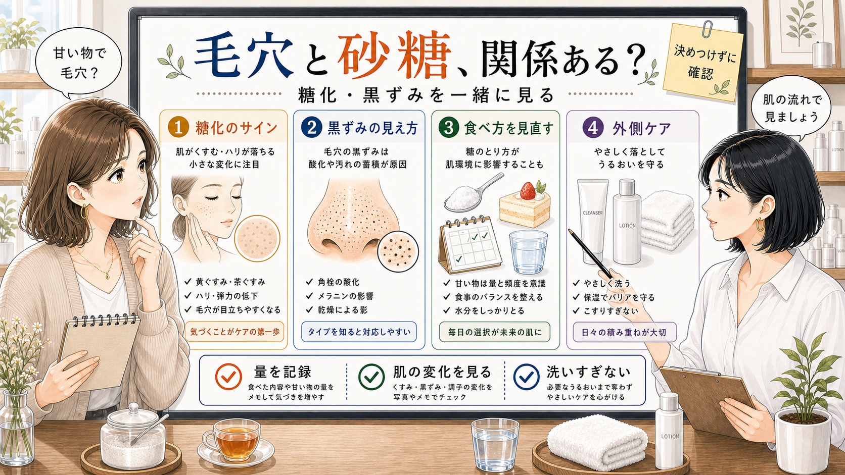 毛穴と砂糖や糖化、黒ずみの関係を相談する女性向け美容アイキャッチ
