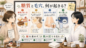 糖質の摂りすぎと糖化、詰まりやすい毛穴と夜の整え方を説明するアイキャッチ