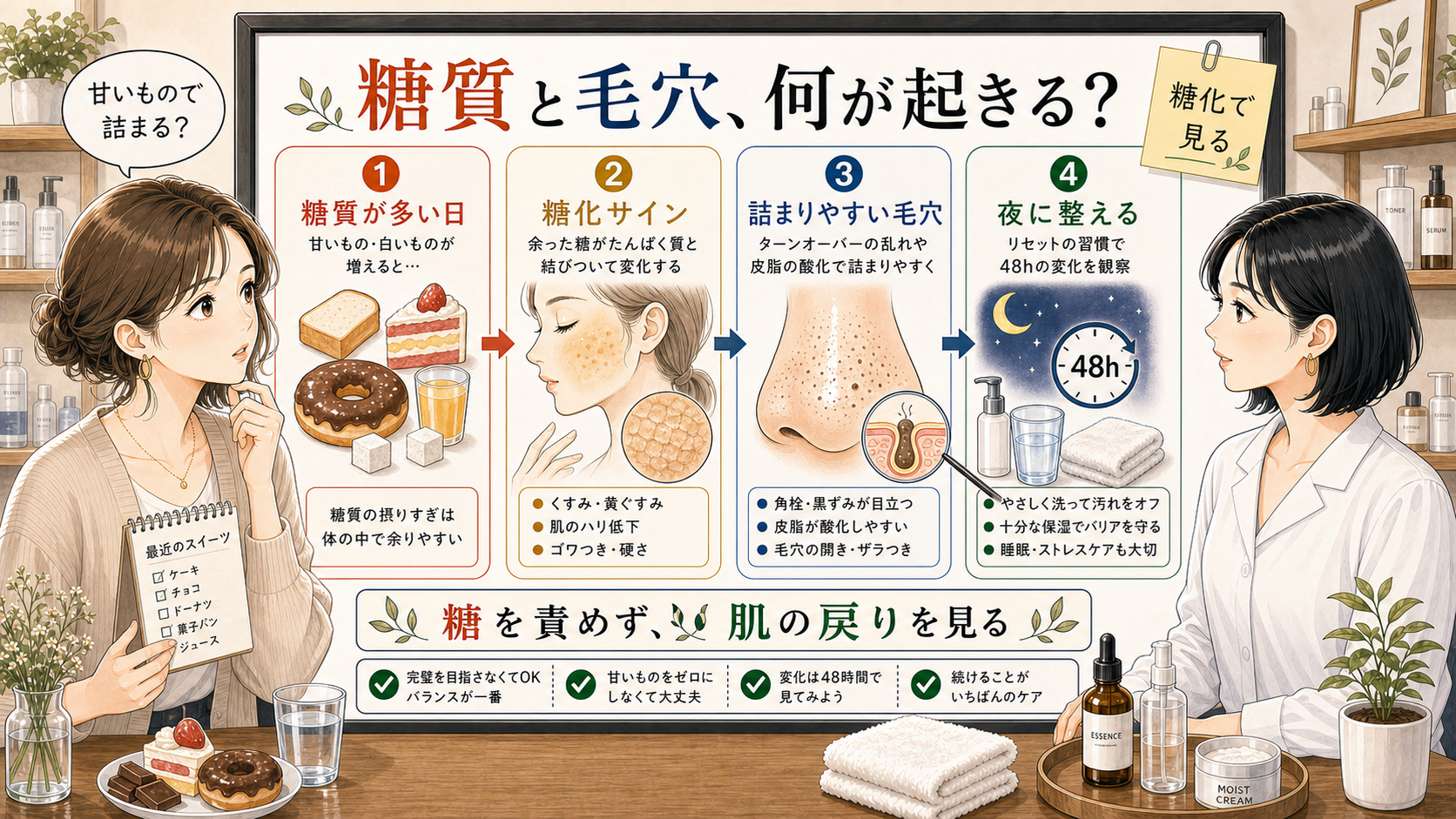 糖質の摂りすぎと糖化、詰まりやすい毛穴と夜の整え方を説明するアイキャッチ