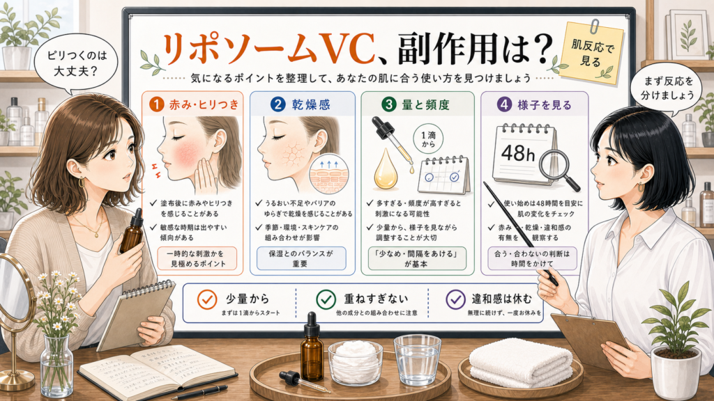 リポソームビタミンCの赤み・乾燥感・量と頻度・48時間観察を整理する相談ボード