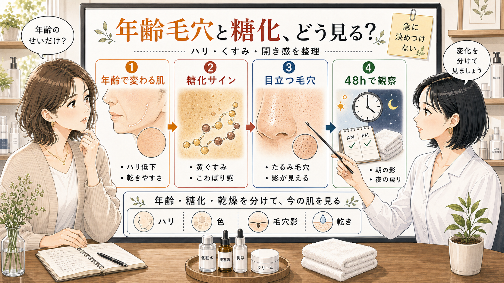 年齢と糖化で毛穴が目立つ理由を千冬が相談ボードで整理するチョコブラのアイキャッチ