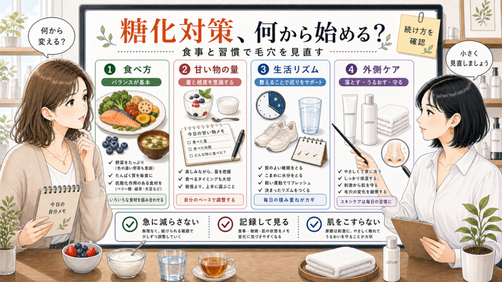 糖化対策と食事習慣、毛穴ケアの見直しを相談する女性向け美容アイキャッチ