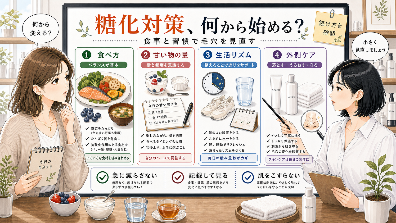 糖化対策と食事習慣、毛穴ケアの見直しを相談する女性向け美容アイキャッチ