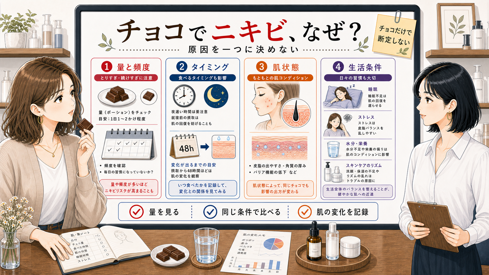 チョコレートとニキビの関係を右手が文字に被らない相談ボードで整理