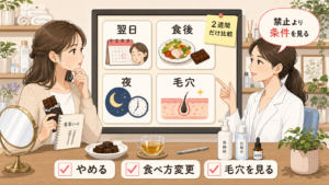 チョコをやめるかを翌日・食後・夜・毛穴で分けて相談する美容アイキャッチ