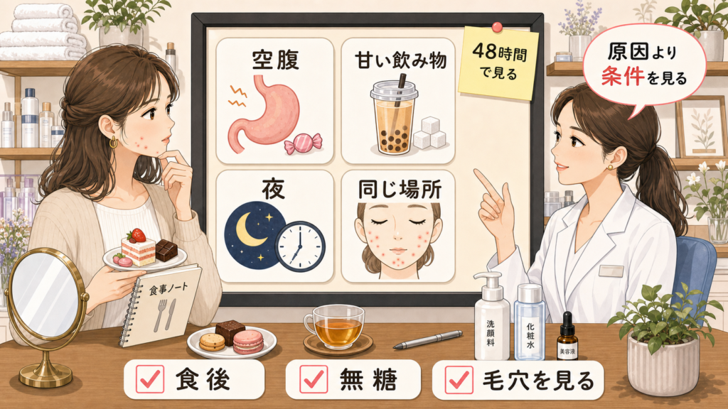 甘いものとニキビの関係を空腹・甘い飲み物・夜・同じ場所で分けて相談する美容アイキャッチ