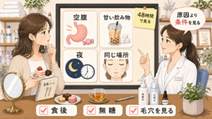 甘いものとニキビの関係を空腹・甘い飲み物・夜・同じ場所で分けて相談する美容アイキャッチ