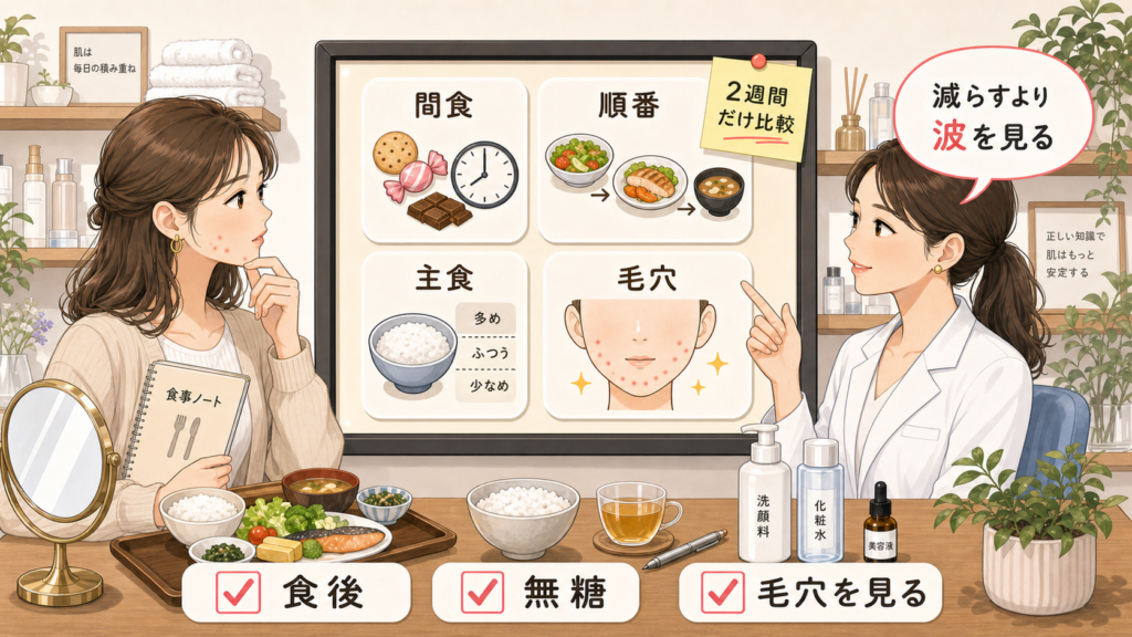 糖質制限とニキビの関係を間食・順番・主食・毛穴で分けて相談する美容アイキャッチ