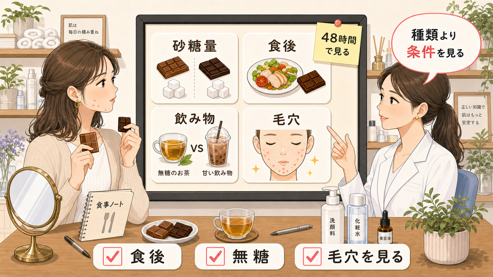 ミルクチョコとダークチョコのニキビ影響を砂糖量・食後・飲み物・毛穴で分けて相談する美容アイキャッチ