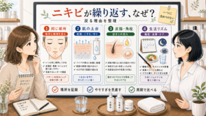 ニキビが繰り返す理由を場所や肌の土台、皮脂角栓、生活リズムから整理する相談ボード