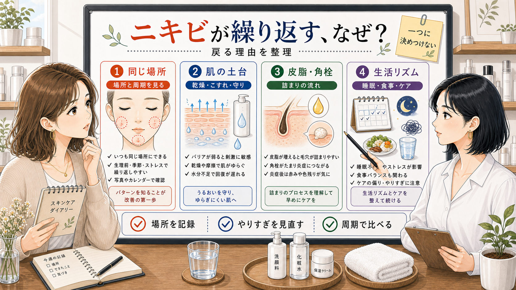 ニキビが繰り返す理由を場所や肌の土台、皮脂角栓、生活リズムから整理する相談ボード