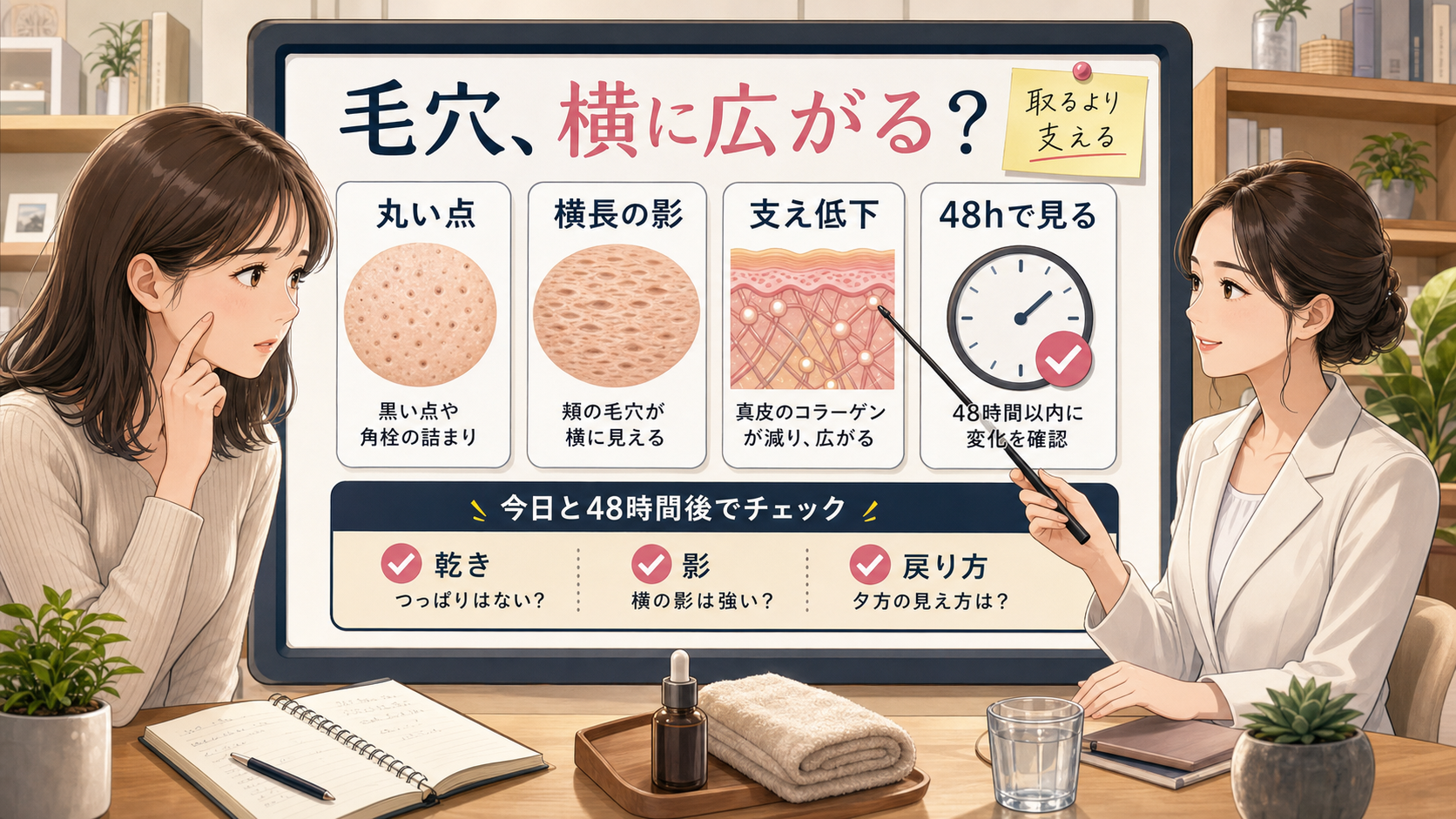毛穴が横に広がって見える理由を、丸い点・横長の影・真皮の支え低下・48時間確認で整理した美容相談ボード。左に頬を気にする女性、右に女性アドバイザーがいるChocobra SEOアイキャッチ。