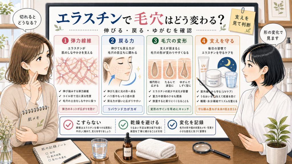 エラスチンと毛穴の変形、弾力線維の変化を相談する女性向け美容アイキャッチ