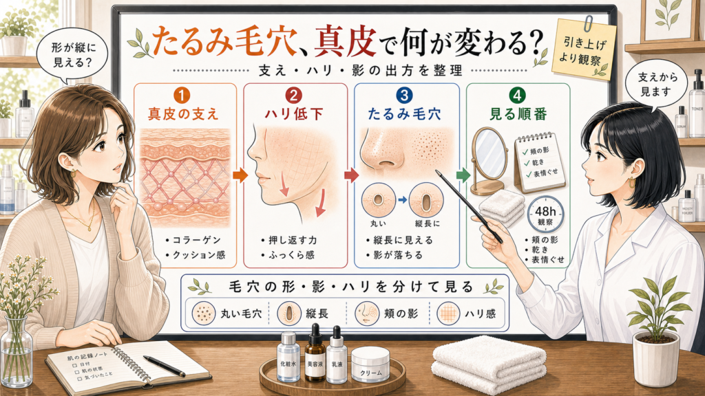 たるみ毛穴と真皮の変化を千冬が相談ボードで整理するチョコブラのアイキャッチ