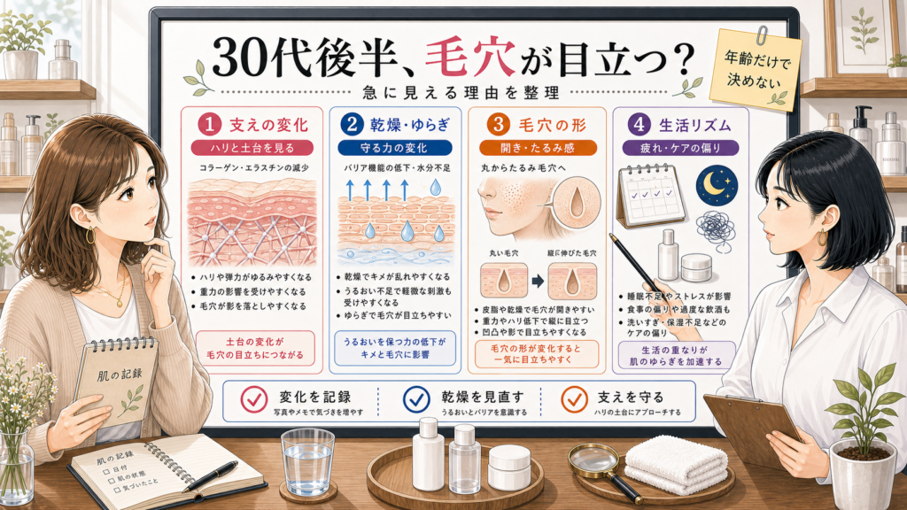 30代後半から毛穴が目立つ理由を支えや乾燥、毛穴の形、生活リズムから整理する相談ボード