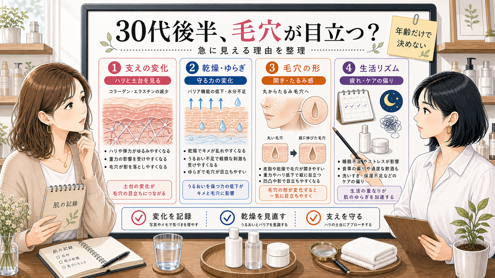 30代後半から毛穴が目立つ理由を支えや乾燥、毛穴の形、生活リズムから整理する相談ボード