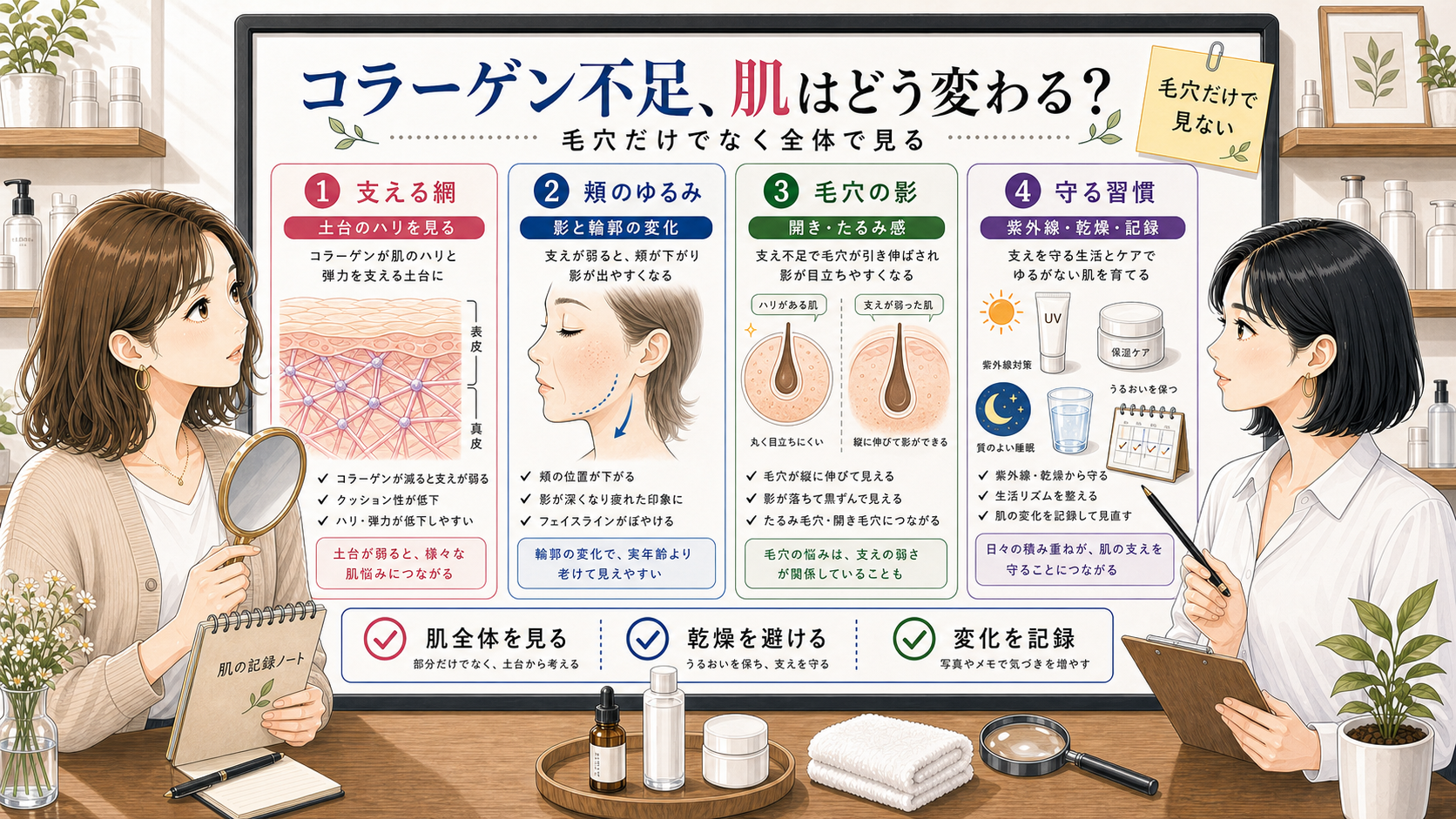 コラーゲン不足による肌全体の支えや頬のゆるみ、毛穴の影を整理する相談ボード