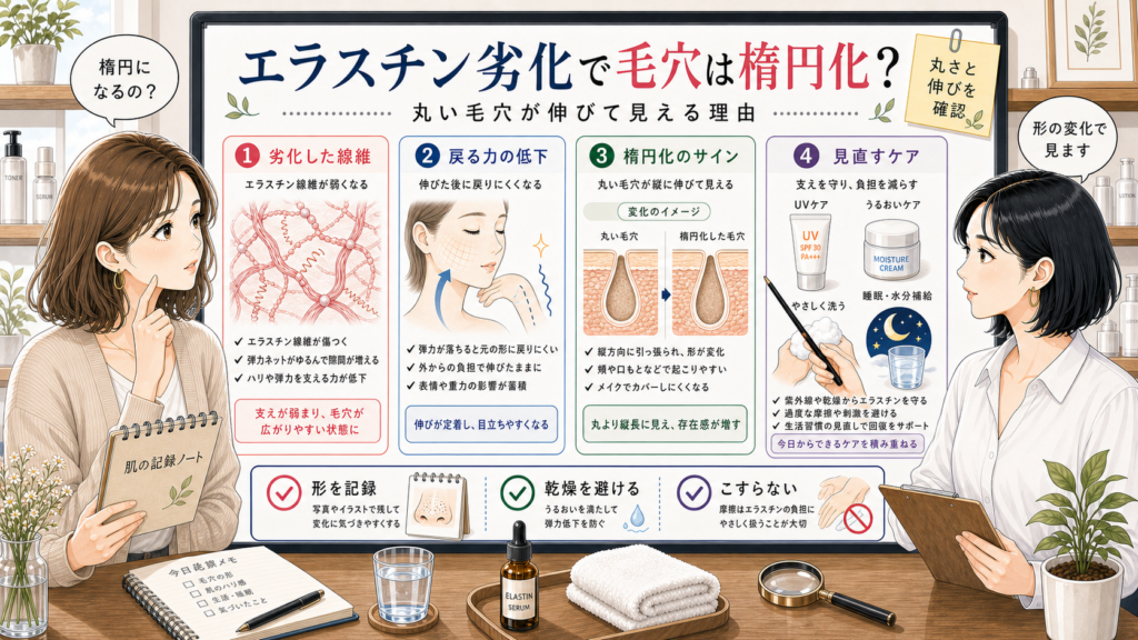 エラスチン劣化と毛穴の楕円化を相談する女性向け美容アイキャッチ