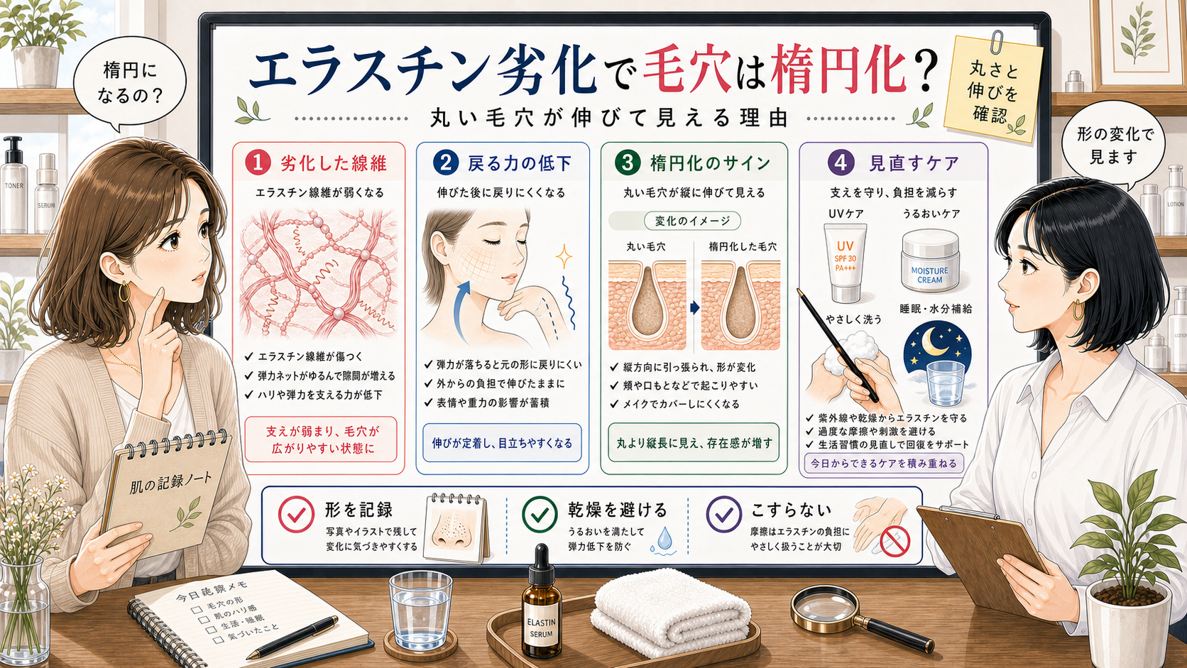 エラスチン劣化と毛穴の楕円化を相談する女性向け美容アイキャッチ