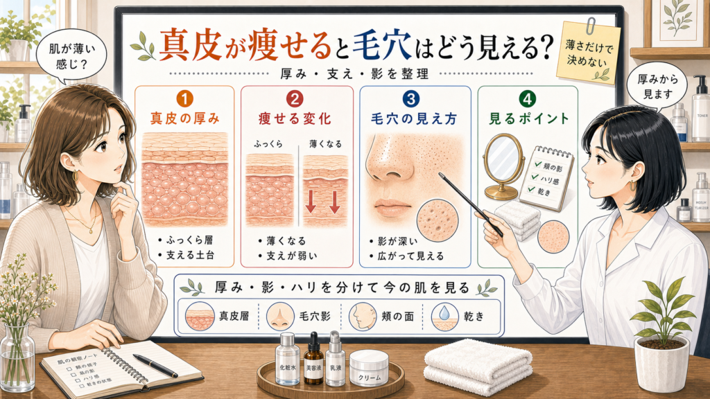 真皮が痩せると毛穴がどう見えるかを千冬が相談ボードで整理するチョコブラのアイキャッチ