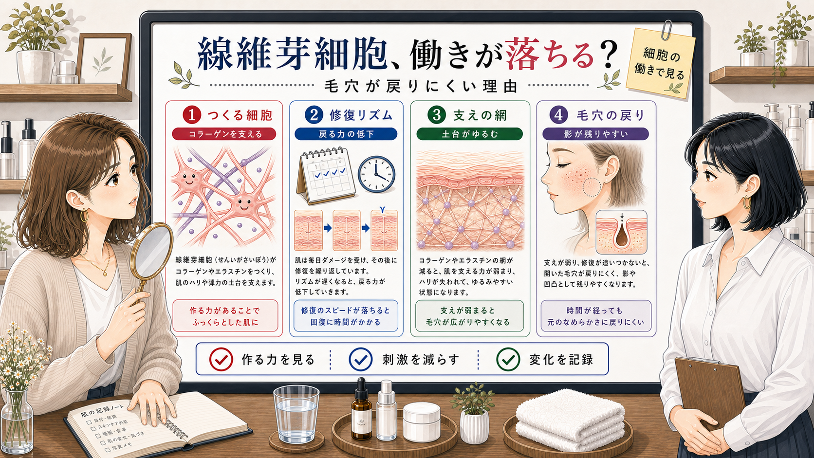 線維芽細胞と毛穴の戻りにくさを右手が文字に被らない相談ボードで整理