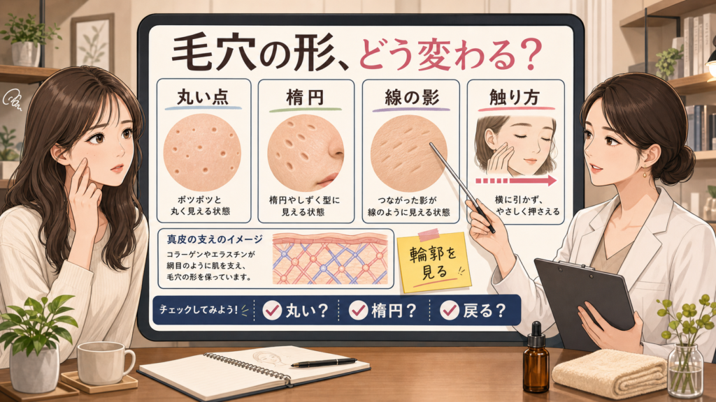 毛穴の形が変わって見える理由を、丸い点・楕円・線の影・触り方で整理した美容相談ボード。左に頬を気にする女性、右に女性アドバイザーがいるChocobra SEOアイキャッチ。