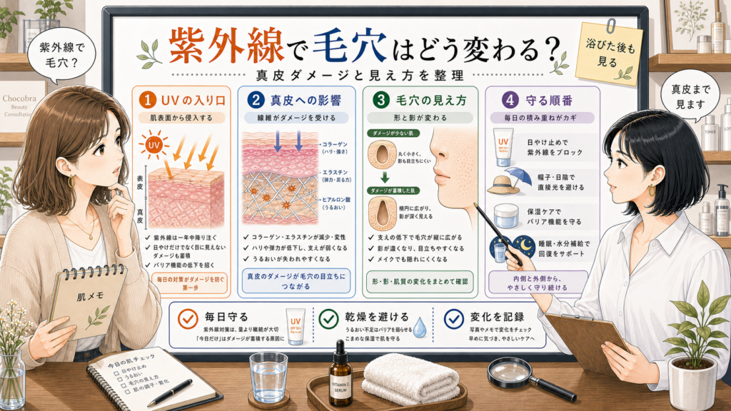 紫外線による真皮ダメージと毛穴の見え方を相談する女性向け美容アイキャッチ