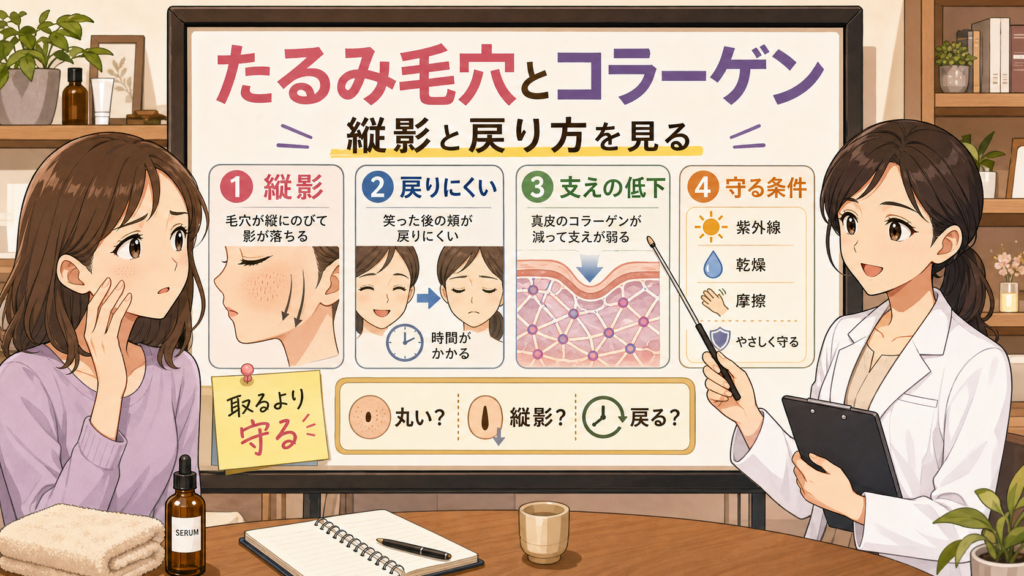 たるみ毛穴とコラーゲンの関係を、縦影・戻りにくさ・支えの低下・守る条件で整理したイラストの美容相談ボード。左に頬を気にする女性、右に女性アドバイザーがいるChocobra SEOアイキャッチ。