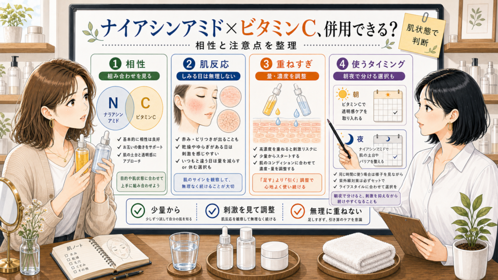 ナイアシンアミドとビタミンCの併用や相性、肌反応と重ね方を整理する相談ボード