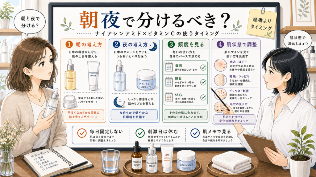 ナイアシンアミドとビタミンCの朝夜の使うタイミングを相談する女性向け美容アイキャッチ
