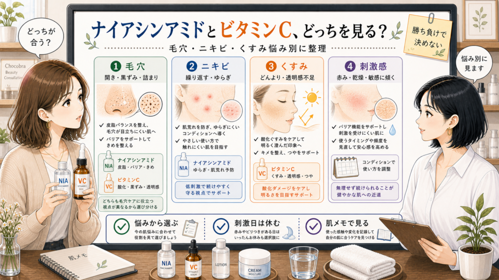 ナイアシンアミドとビタミンCを毛穴やニキビ、くすみ悩み別に比較する美容アイキャッチ
