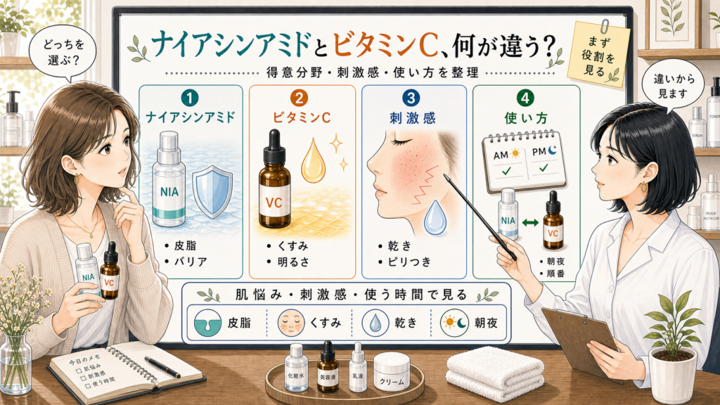 ナイアシンアミドとビタミンCの違いを千冬が相談ボードで整理するチョコブラのアイキャッチ