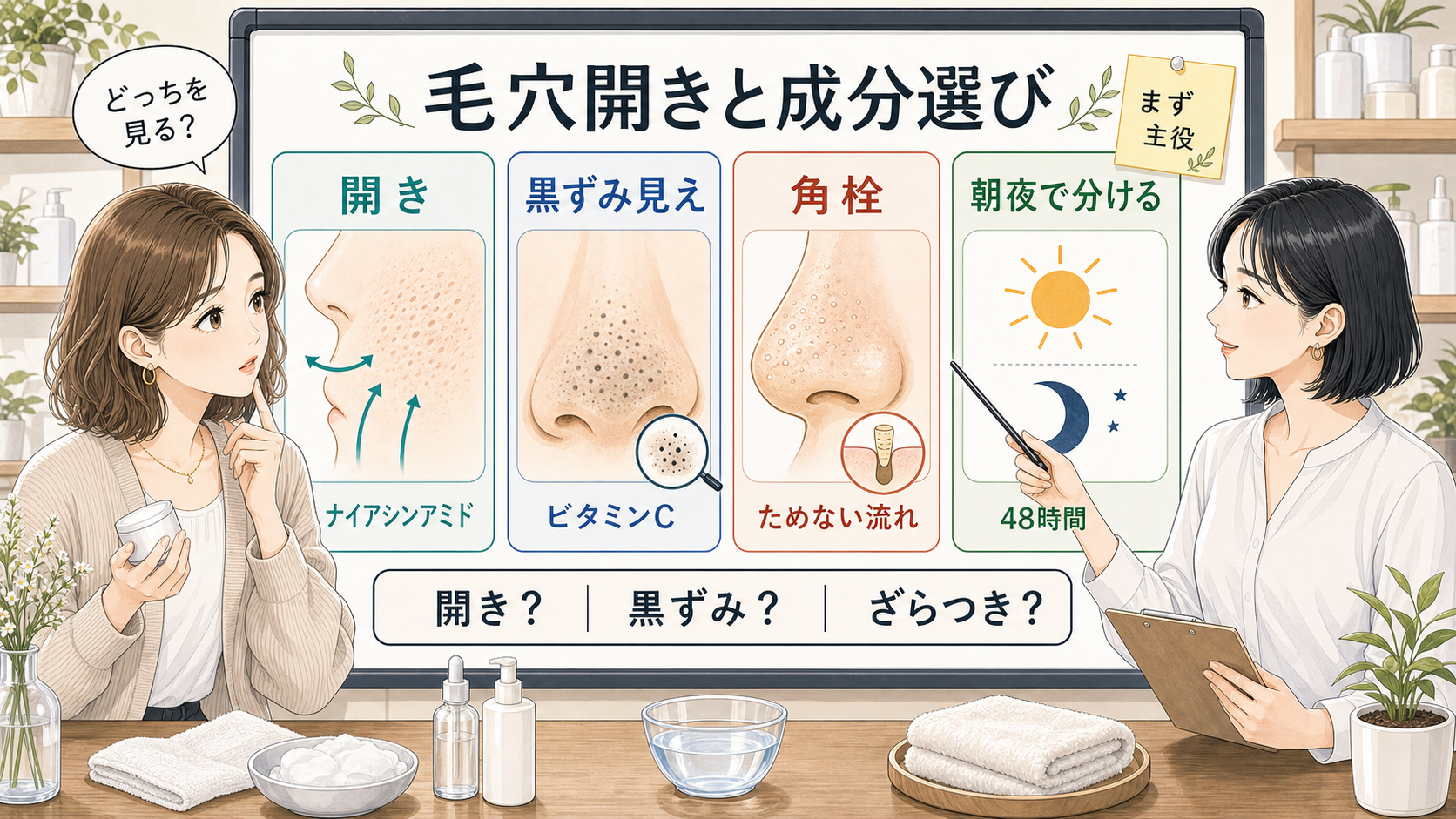 毛穴開きと成分選びを、ナイアシンアミド・ビタミンC・角栓・朝夜の使い分けで整理する美容相談イラスト