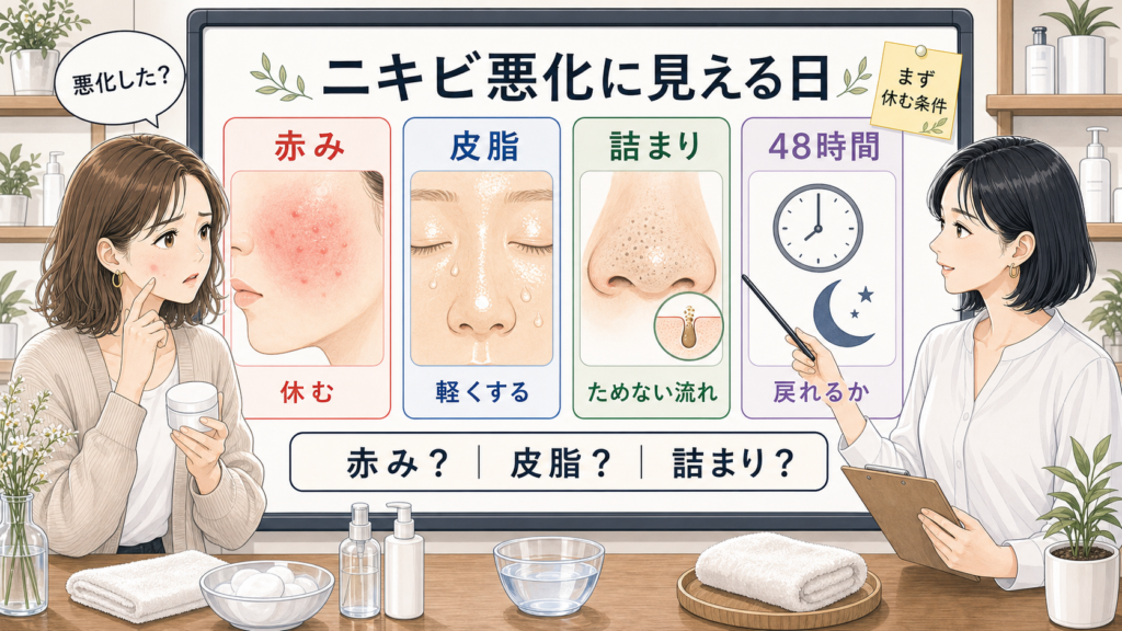 ニキビ悪化に見える日を赤み・皮脂・詰まり・48時間で整理する美容相談イラスト