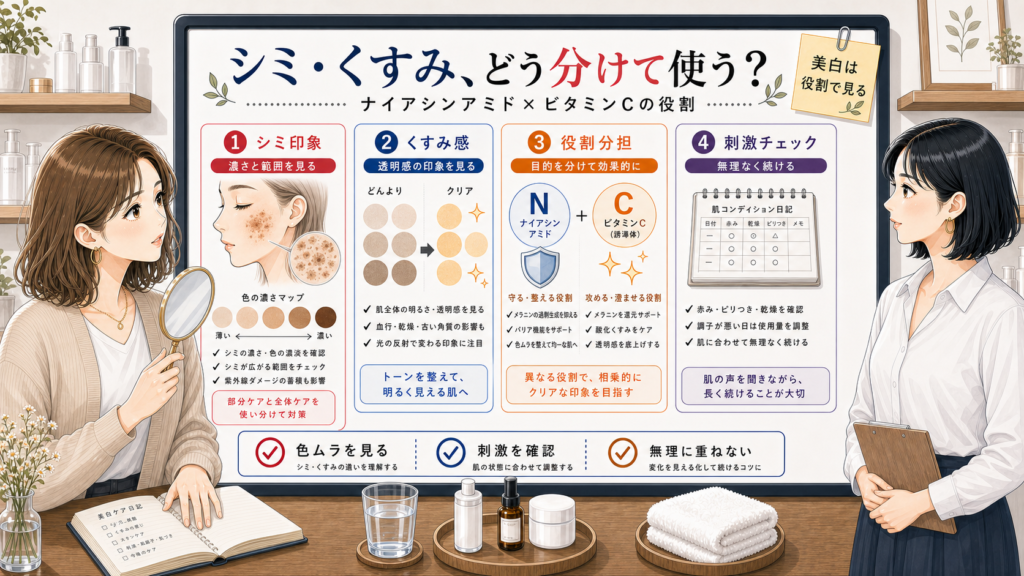ナイアシンアミドとビタミンCの役割を右手が文字に被らない相談ボードで整理