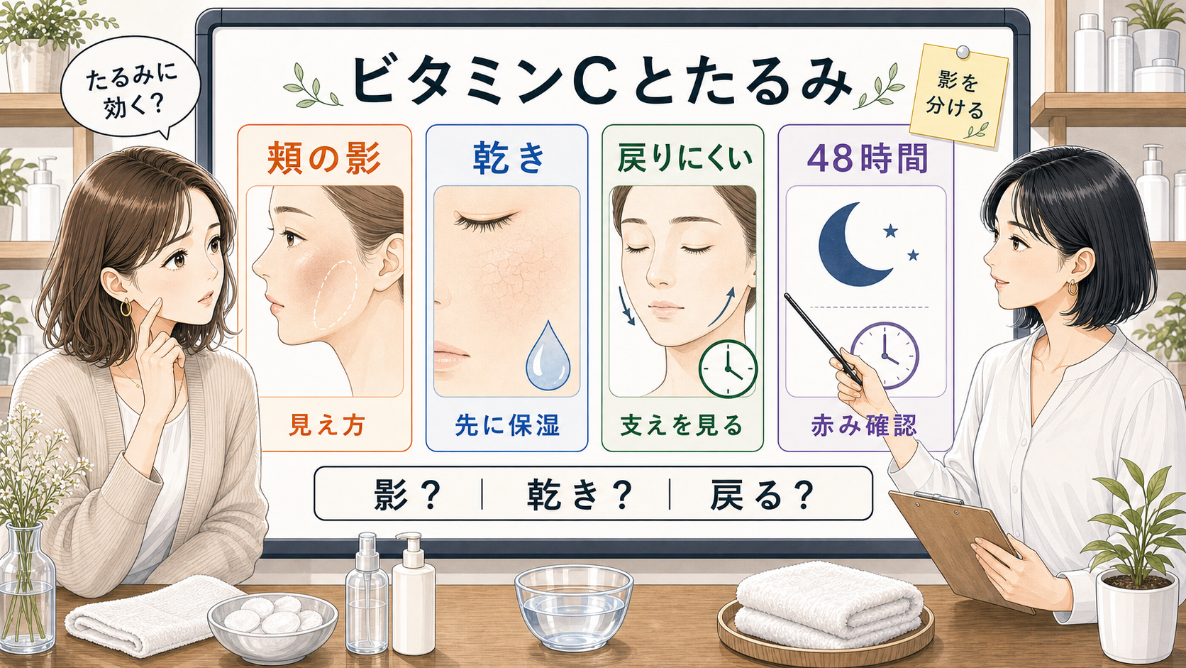 ビタミンCとたるみを頬の影・乾き・戻りにくさ・48時間で整理する美容相談イラスト