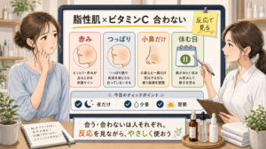 脂性肌でビタミンCが合わない時の赤み・つっぱり・小鼻だけ・休む日を確認する女性向けスキンケアイラスト