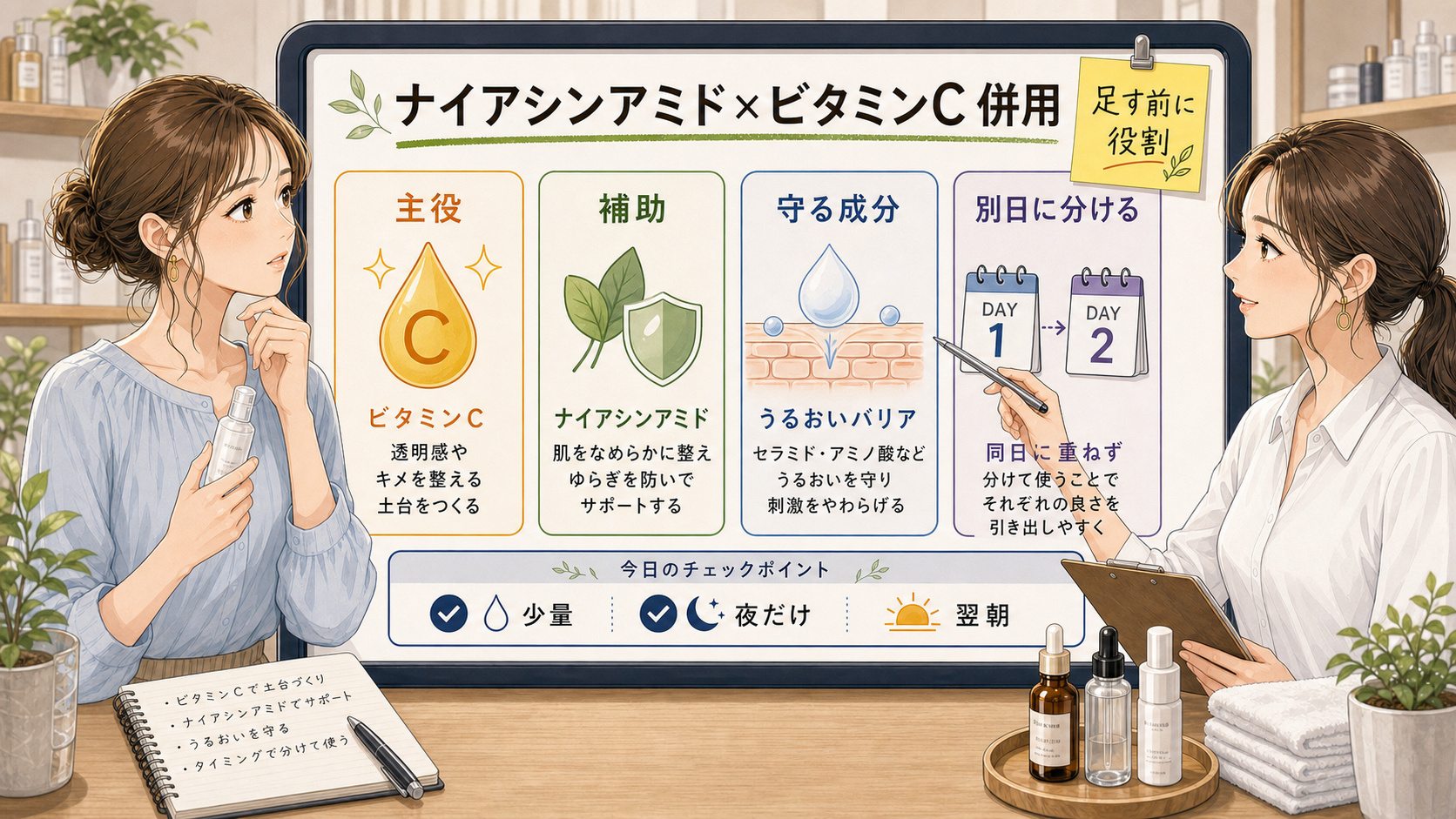 ナイアシンアミドとビタミンCの併用で主役・補助・守る成分・別日に分ける考え方を示す女性向けスキンケアイラスト